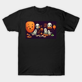 Cartoon Illustration of Ghosts and Pumpkins Surrounded by Food T-Shirt